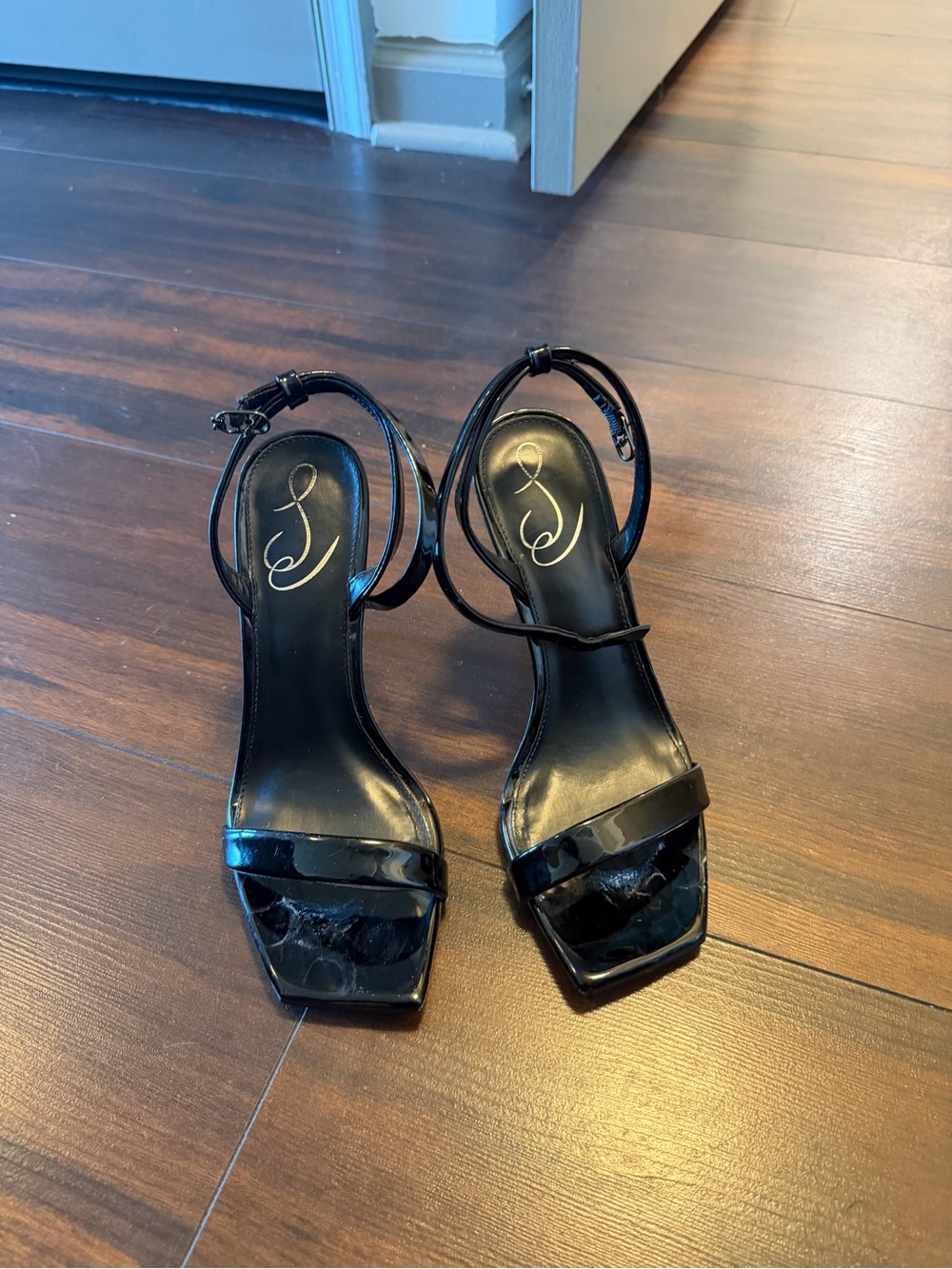 Sam Edelman Black Patent Square-Toe Ankle Strap Heels